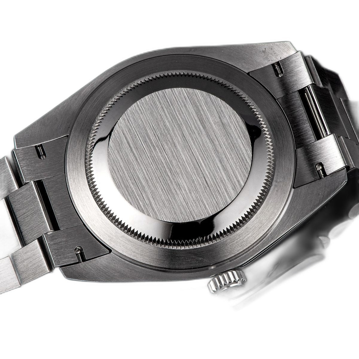 Sugess S433 brushed solid steel screw caseback and president bracelet, rear view on black