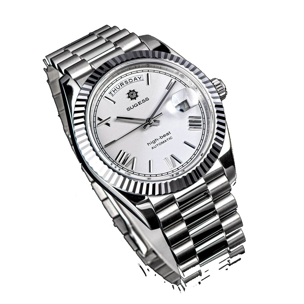 Sugess S433 white-dial day-date, fluted bezel, steel president bracelet, angled studio product view