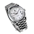 Sugess S433 white-dial day-date, fluted bezel, steel president bracelet, angled studio product view