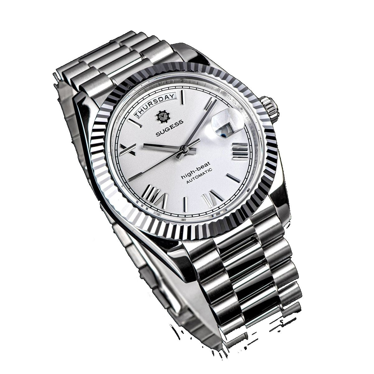 Sugess S433 white-dial day-date, fluted bezel, steel president bracelet, angled studio product view