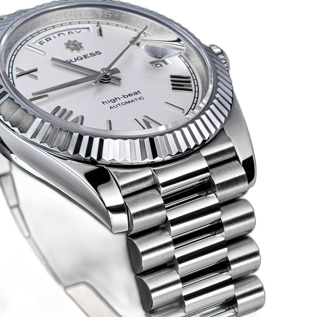 Sugess S433 white-dial day-date, fluted bezel, steel president bracelet, bright angled close-up view