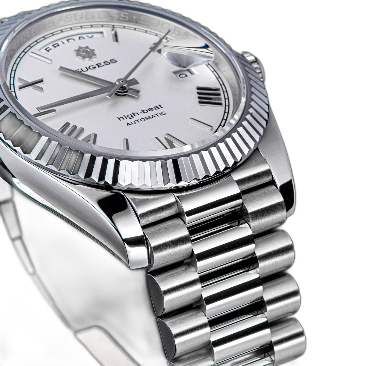 Sugess S433 white-dial day-date, fluted bezel, steel president bracelet, bright angled close-up view