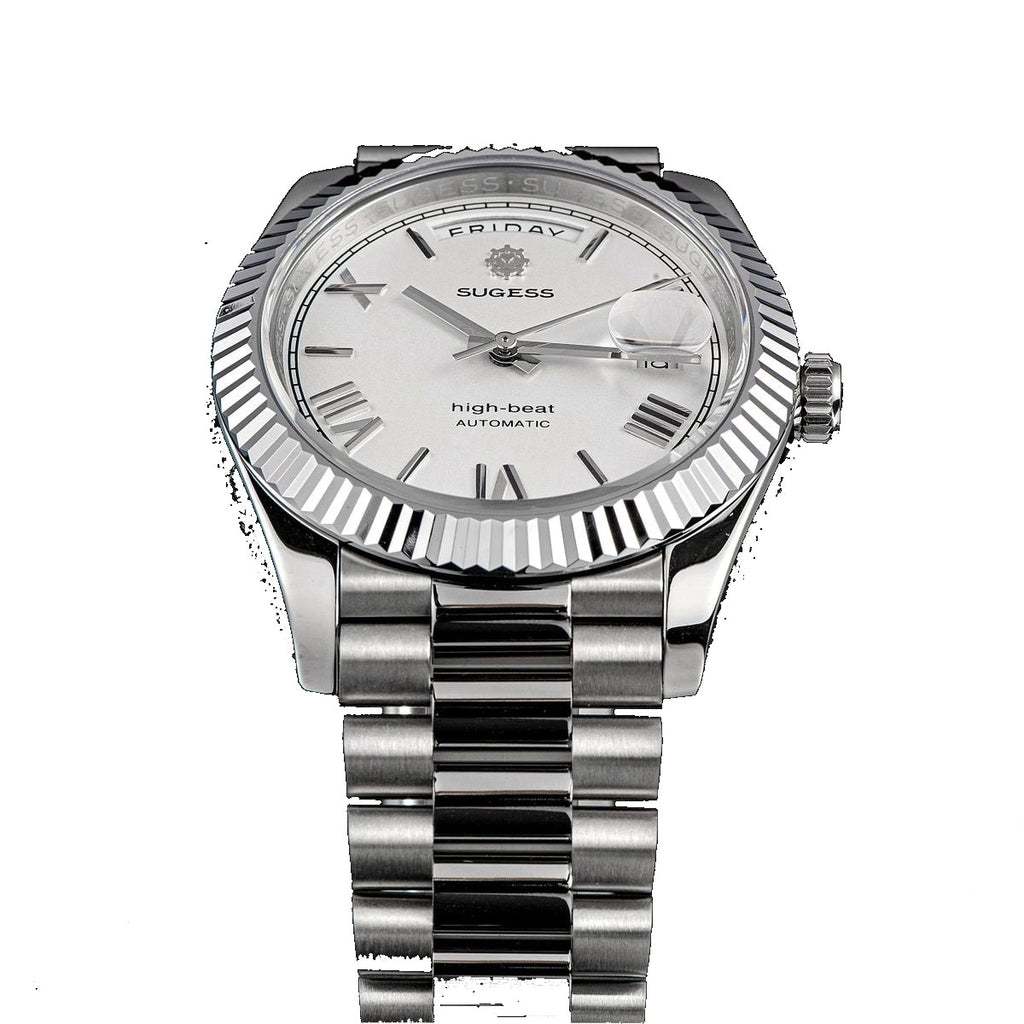 Sugess S433 white-dial day-date, fluted bezel, steel president bracelet, three-quarter angled view
