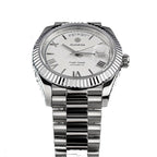Sugess S433 white-dial day-date, fluted bezel, steel president bracelet, three-quarter angled view
