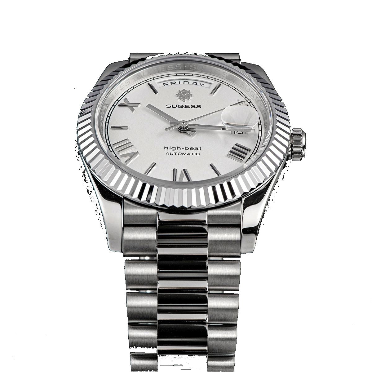 Sugess S433 white-dial day-date, fluted bezel, steel president bracelet, three-quarter angled view