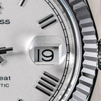 Sugess S433 white silver dial date window and fluted bezel macro, applied baton markers, close-up