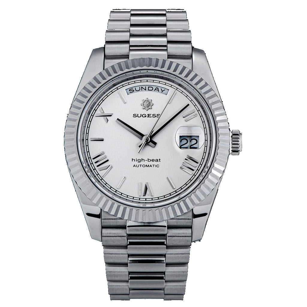 Sugess S433 day-date automatic 40mm, white silver dial, Roman numerals, fluted bezel, president bracelet, front