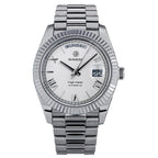Sugess S433 day-date automatic 40mm, white silver dial, Roman numerals, fluted bezel, president bracelet, front