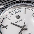 Sugess S433 white silver dial macro, Friday day window and Sugess gear logo, applied markers, close-up
