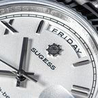 Sugess S433 white silver dial macro, Friday day window, Sugess gear logo and Roman numerals, close-up