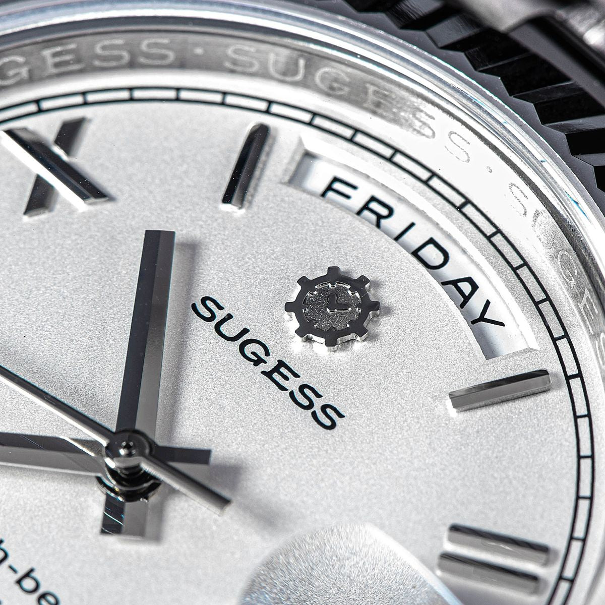 Sugess S433 white silver dial macro, Friday day window, Sugess gear logo and Roman numerals, close-up