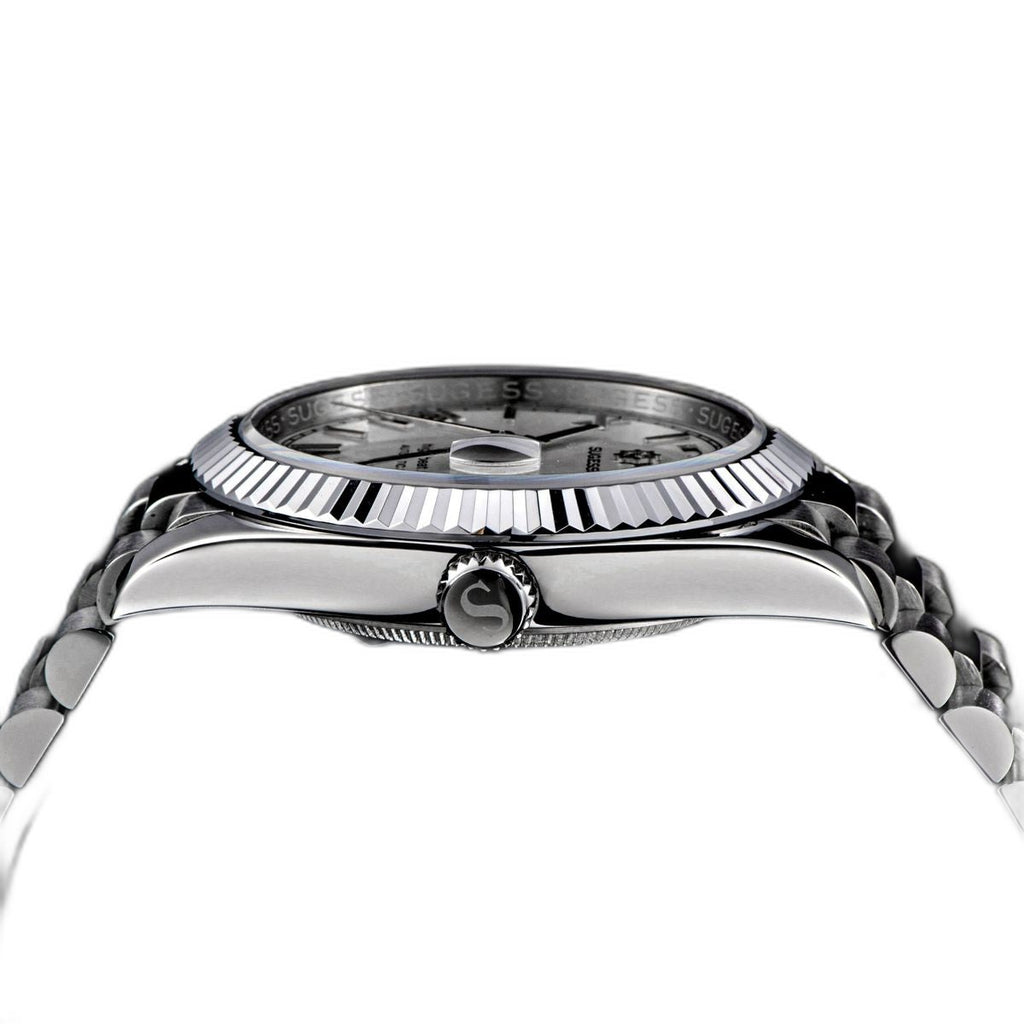 Sugess S433 white-dial day-date side profile with fluted bezel, S crown and president bracelet