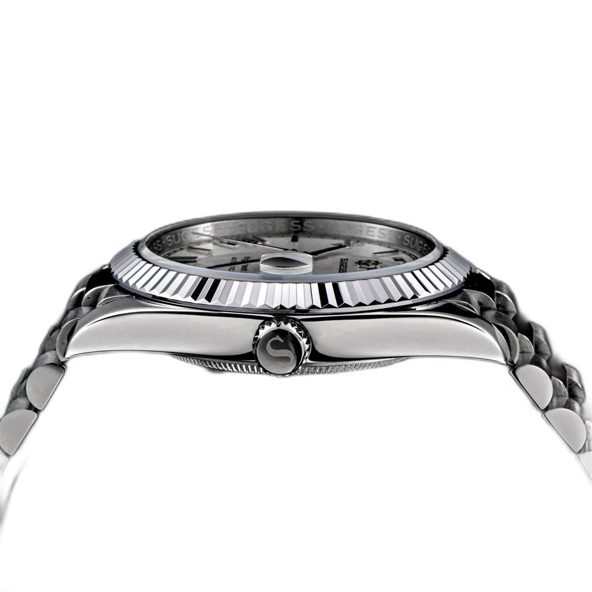 Sugess S433 white-dial day-date side profile with fluted bezel, S crown and president bracelet