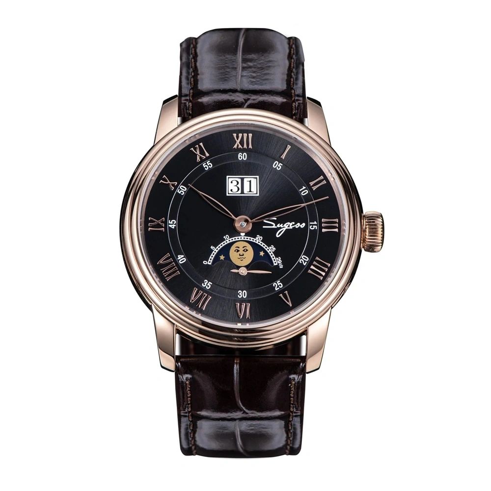 Sugess S437-05 automatic moonphase 41mm, black dial, rose gold case, big date, moon phase, brown leather, front