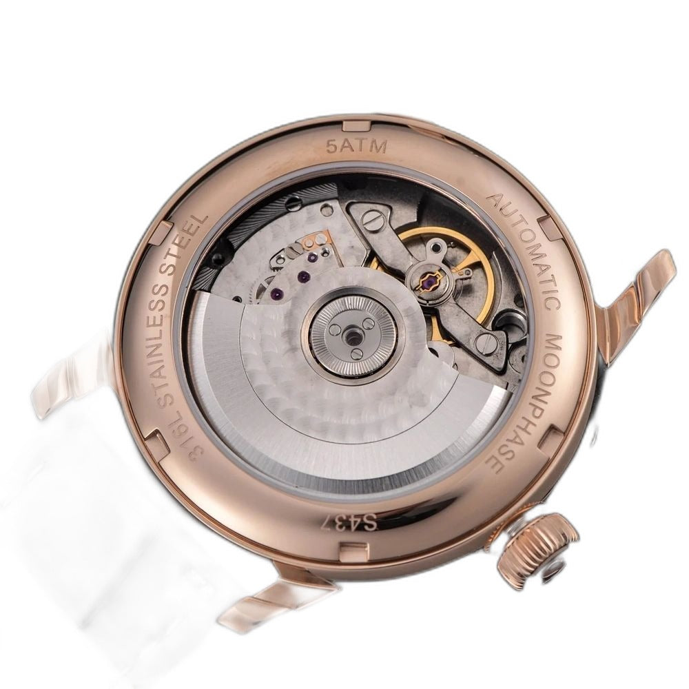 Sugess S437-05 exhibition caseback, automatic moonphase movement, 316L steel, 5ATM, rose gold case, brown leather
