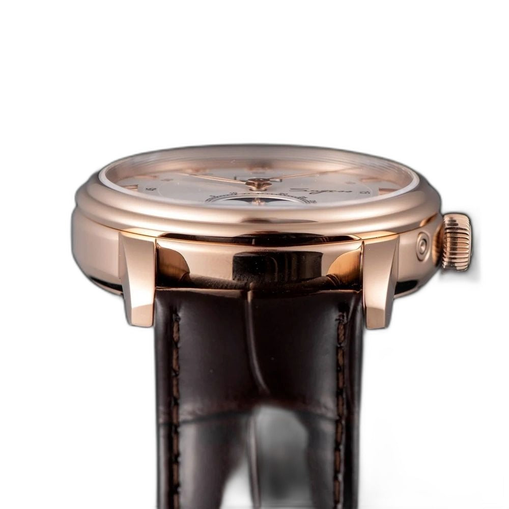 Sugess S437-05 silver dial moonphase side profile, rose gold case and crown, brown leather strap