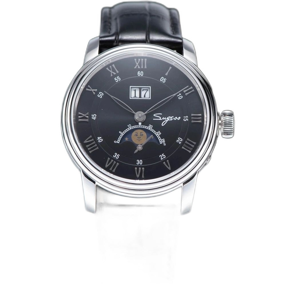 Sugess S437 automatic moonphase 41mm, black dial, steel case, moon phase display, black leather, front view