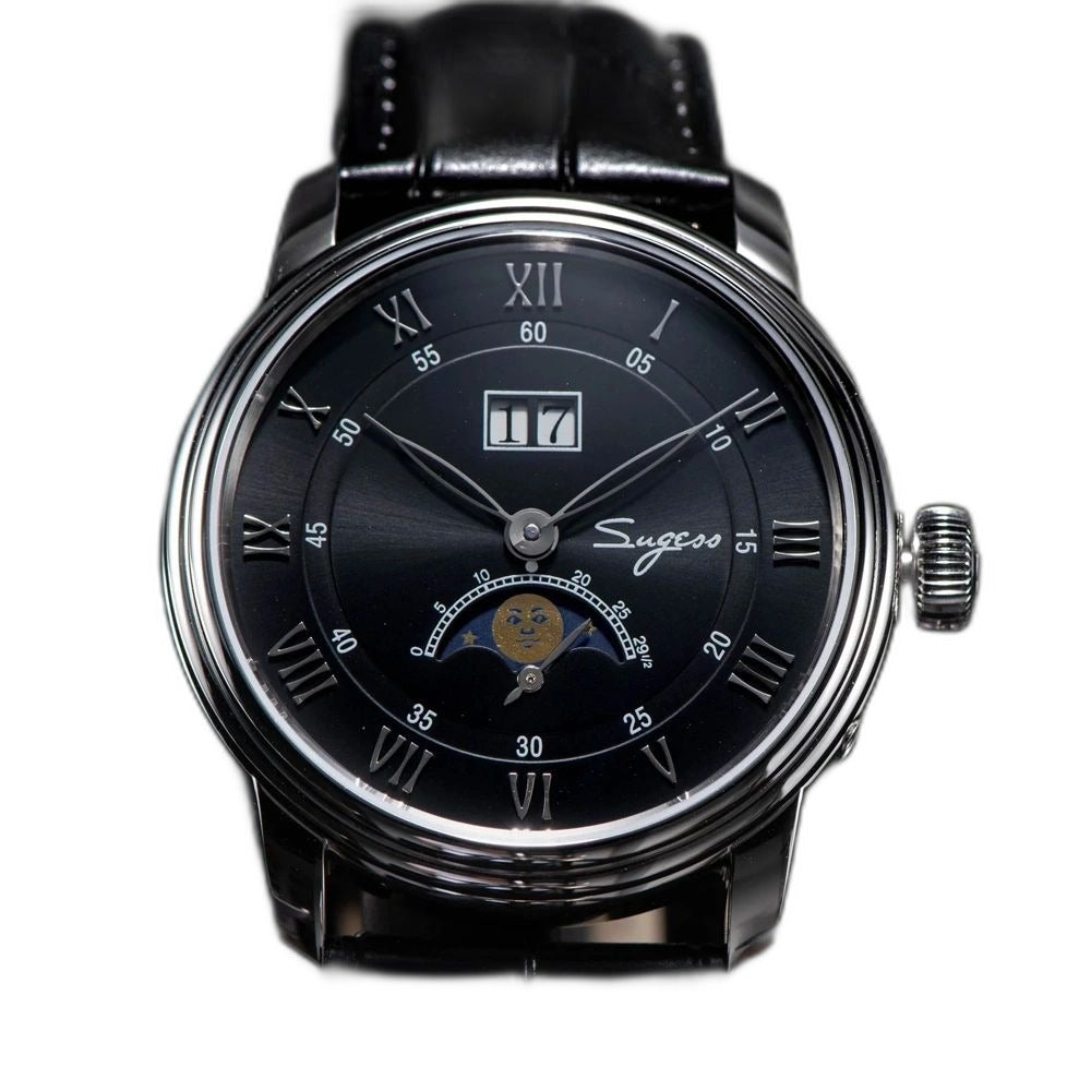 Sugess S437 automatic moonphase 41mm, black dial, steel case, big date, moon phase, black leather, front studio
