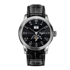 Sugess S437 automatic moonphase 41mm, black dial, steel case, big date, moon phase, black leather, front view