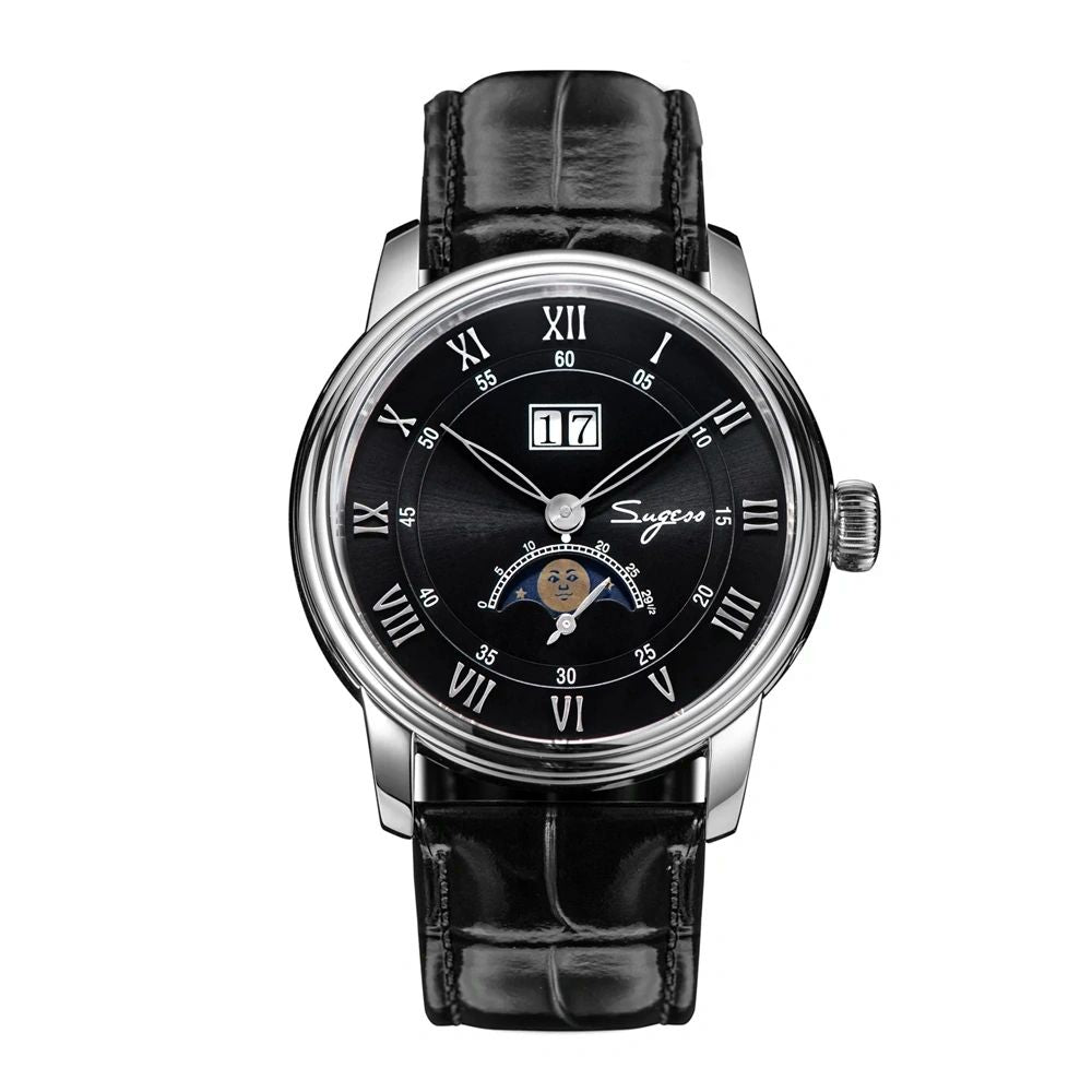 Sugess S437 automatic moonphase 41mm, black dial, steel case, big date, moon phase, black leather, front view