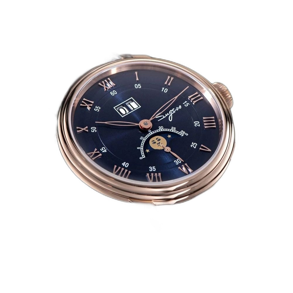 Sugess S437 blue dial moonphase, rose gold case, brown leather strap, angled view resting on a book
