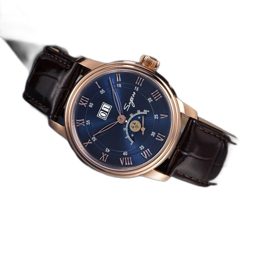 Sugess S437 blue dial moonphase, rose gold case, brown leather strap, angled view on a blue book