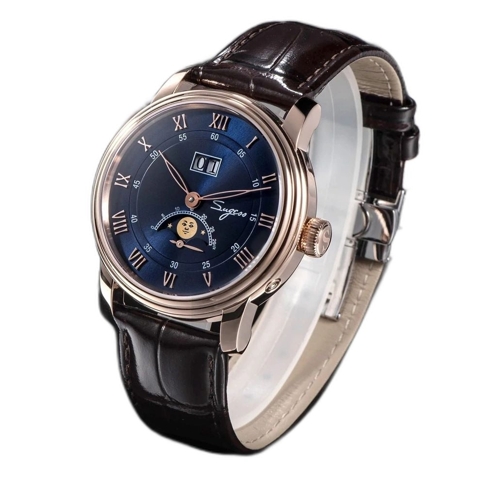 Sugess S437 blue dial moonphase, rose gold case, brown leather strap, three-quarter angled view