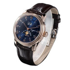Sugess S437 blue dial moonphase, rose gold case, brown leather strap, three-quarter angled view