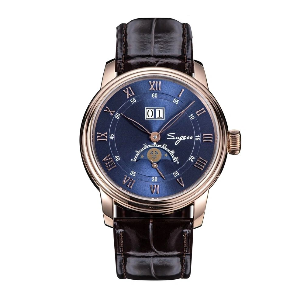 Sugess S437 automatic moonphase 41mm, blue dial, rose gold case, big date, moon phase, brown leather, front