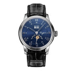 Sugess S437 automatic moonphase 41mm, blue dial, steel case, big date, moon phase, black leather, front view