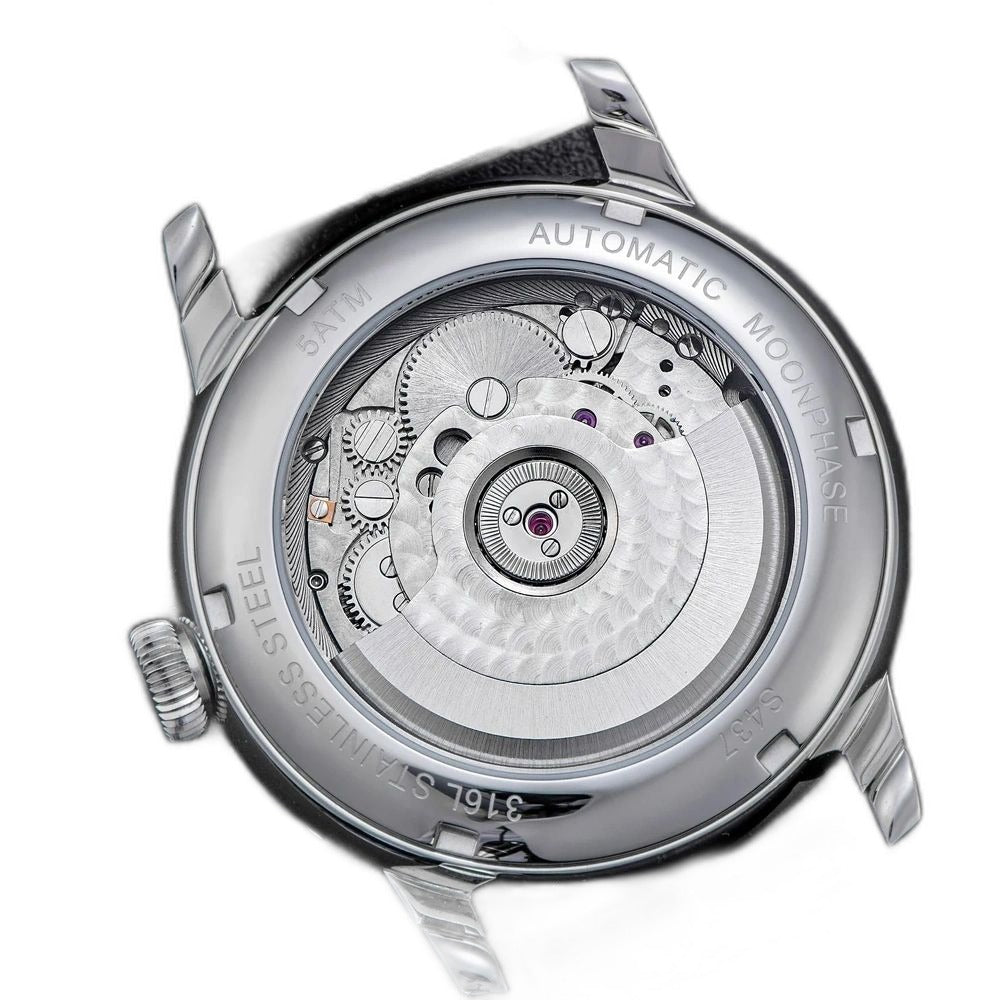 Sugess S437 exhibition caseback, automatic moonphase movement, 316L stainless steel, 5ATM, steel case