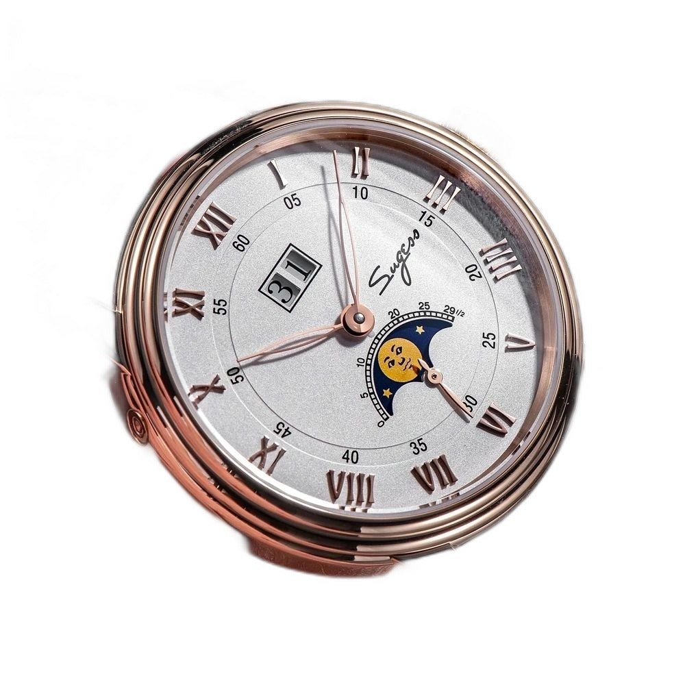 Sugess S437 silver dial moonphase, rose gold case, brown leather strap, angled view held in hand