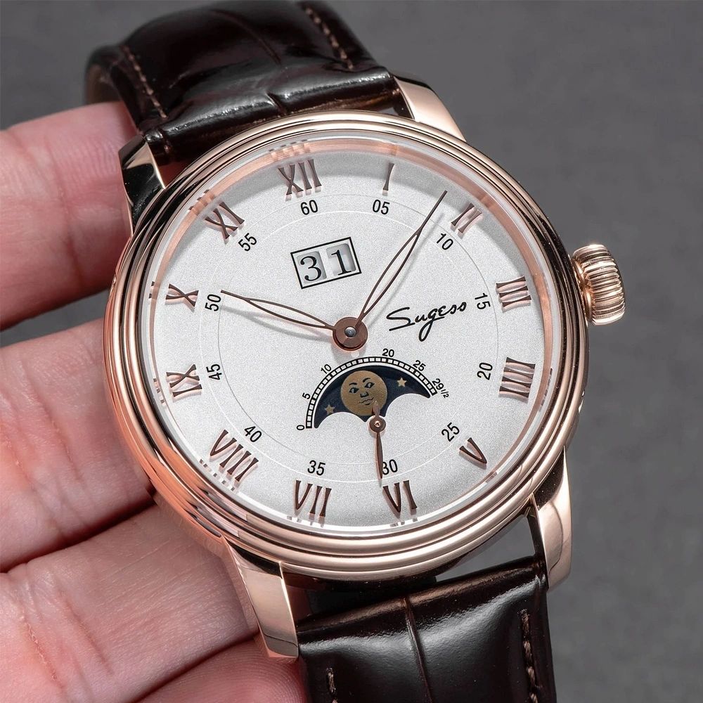 Sugess S437 silver dial moonphase, rose gold case, brown leather strap, angled close-up held in hand