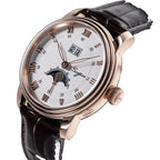 Sugess S437 silver dial moonphase, rose gold case, brown leather strap, three-quarter angled view