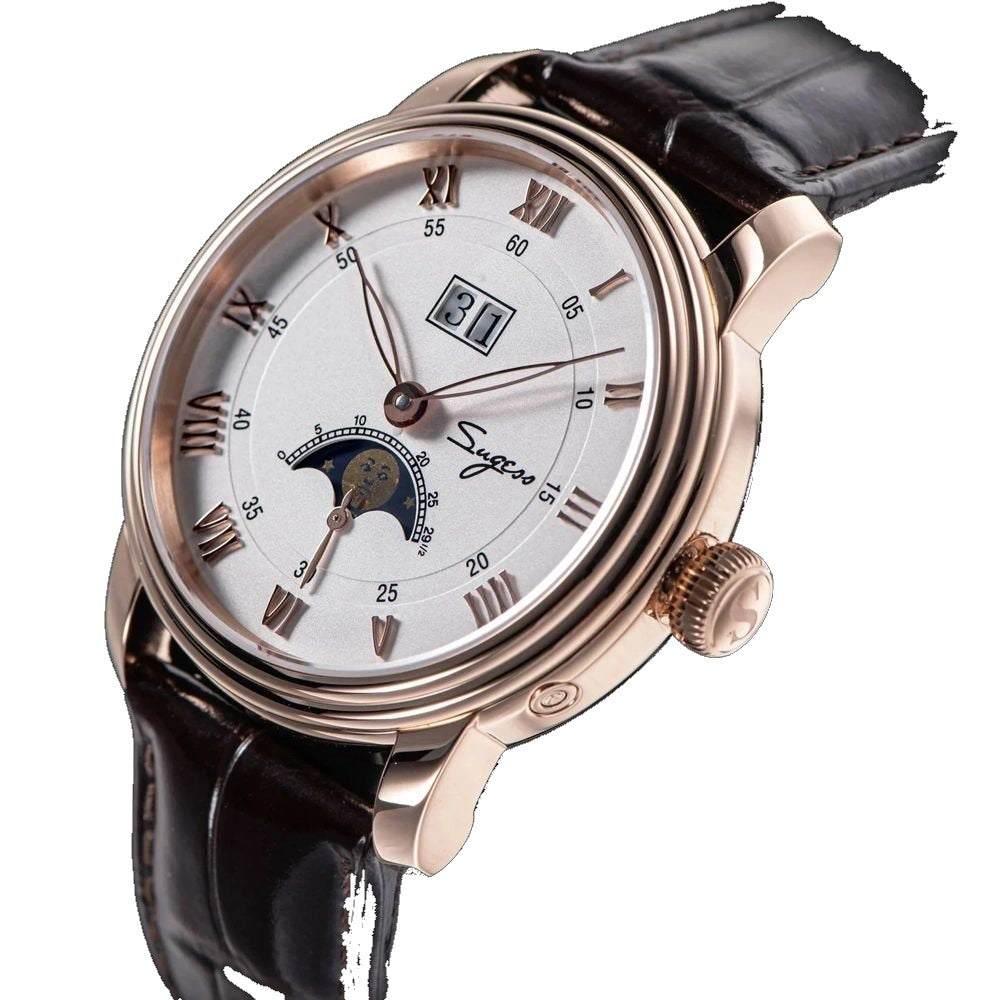 Sugess S437 silver dial moonphase, rose gold case, brown leather strap, three-quarter angled view