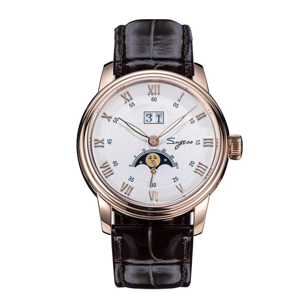 Sugess S437 automatic moonphase 41mm, silver dial, rose gold case, big date, moon phase, brown leather, front