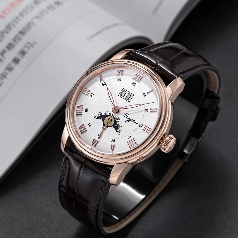 Sugess S437 silver dial moonphase side profile close-up, rose gold case and crown, brown leather strap
