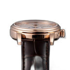 Sugess S437 silver dial moonphase side profile, rose gold case and crown, brown leather strap