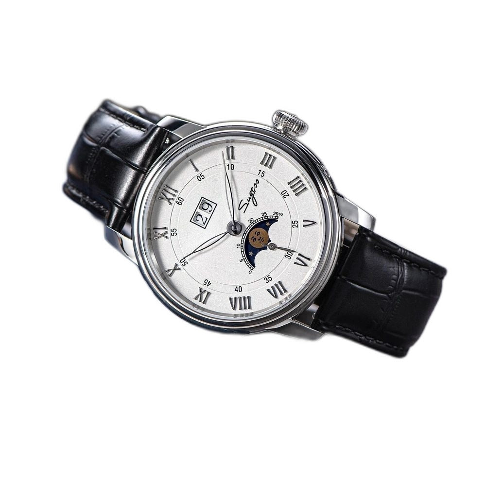 Sugess S437 silver dial moonphase, steel case, black leather strap, angled view on blue surface