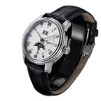 Sugess S437 silver dial moonphase, steel case, black leather strap, dramatic angled studio view