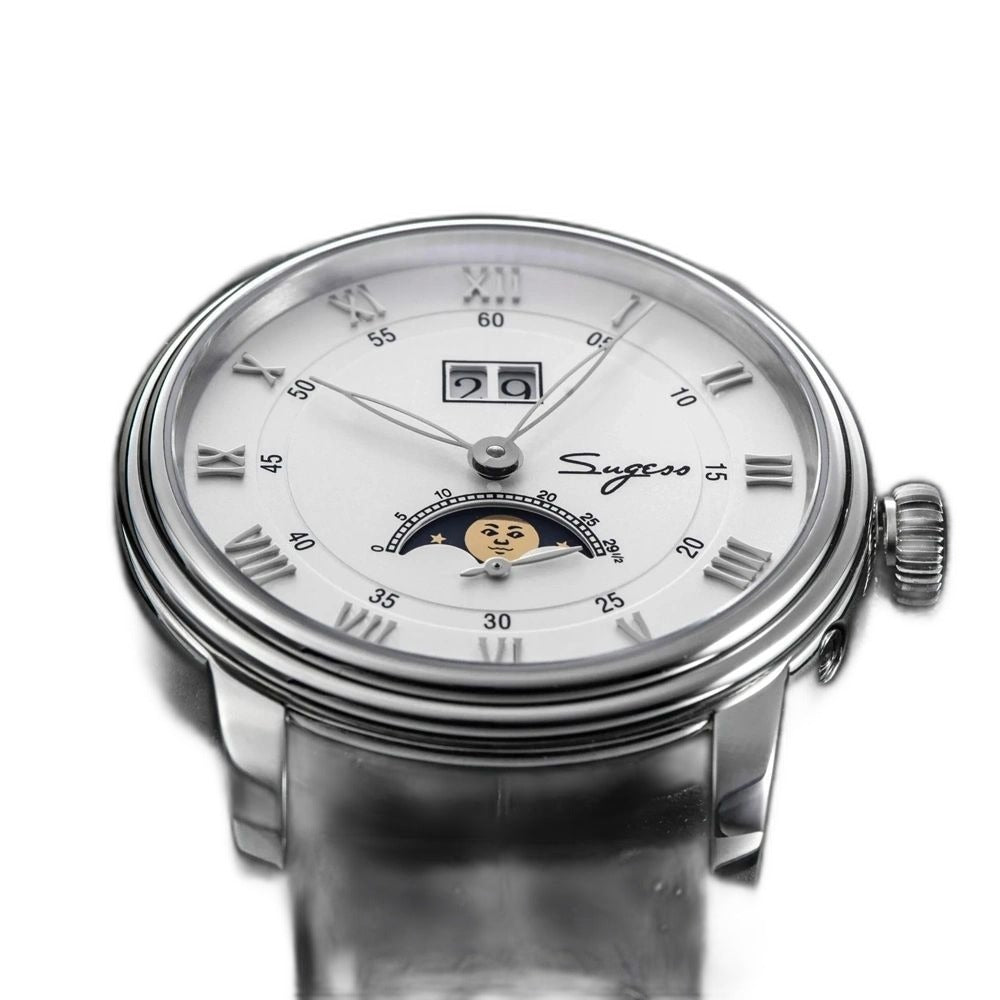 Sugess S437 silver dial moonphase, steel case, black leather strap, top-down angled product view