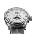 Sugess S437 silver dial moonphase, steel case, black leather strap, top-down angled product view