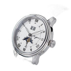 Sugess S437 silver dial moonphase, steel case, black leather strap, three-quarter angled view