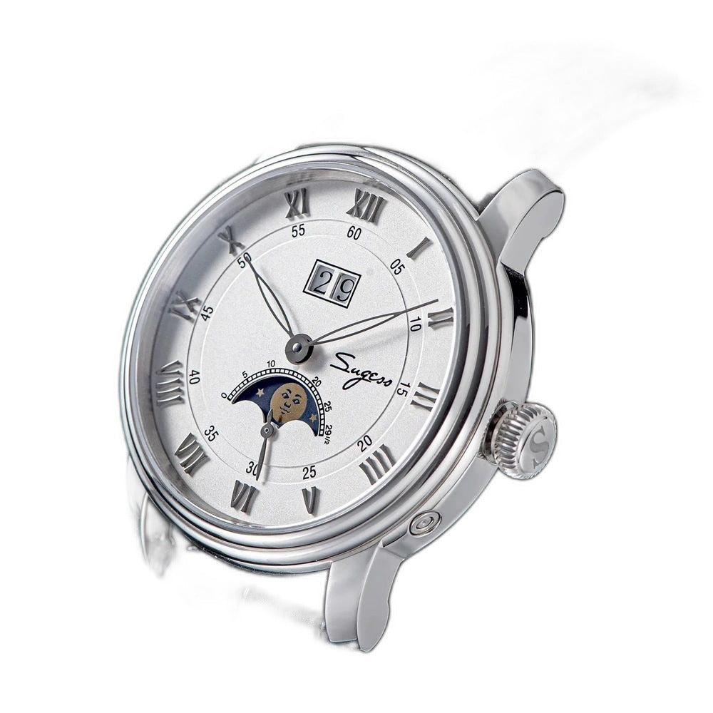 Sugess S437 silver dial moonphase, steel case, black leather strap, three-quarter angled view