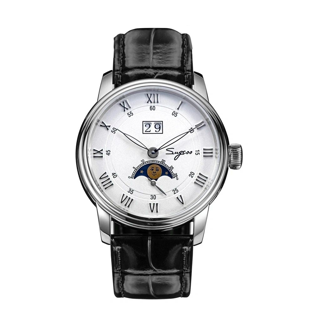 Sugess S437 automatic moonphase 41mm, silver dial, Roman numerals, big date, moon phase, black leather, front