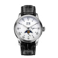 Sugess S437 automatic moonphase 41mm, silver dial, Roman numerals, big date, moon phase, black leather, front