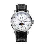 Sugess S437 automatic moonphase 41mm, silver dial, Roman numerals, big date, moon phase, black leather, front