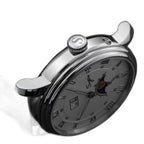 Sugess S437 silver dial moonphase side profile with S crown and steel case, black leather strap