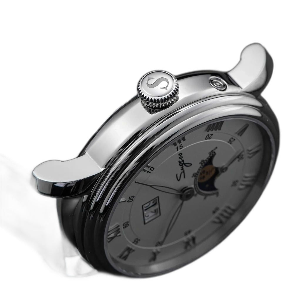 Sugess S437 silver dial moonphase side profile with S crown and steel case, black leather strap