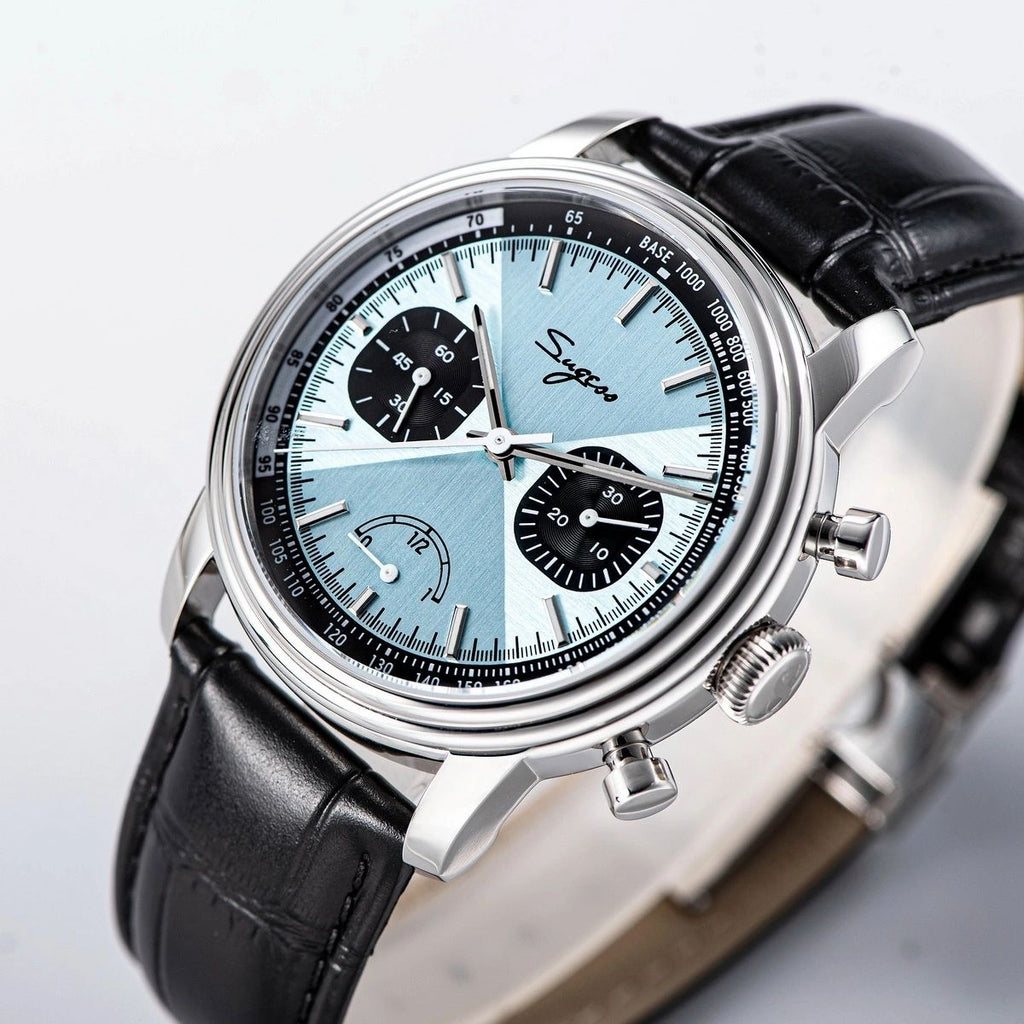 Sugess S438 ice blue chronograph, black sub-dials, black leather strap, angled studio product view